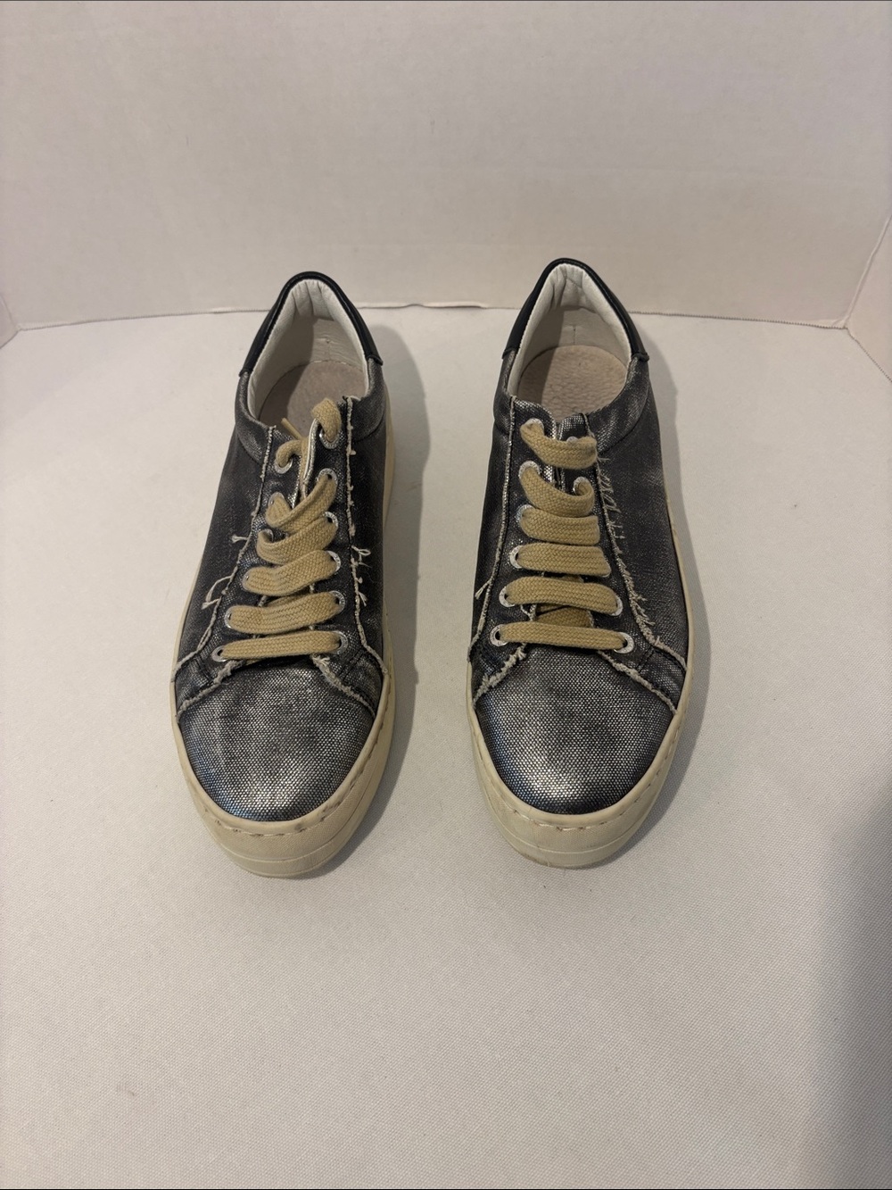 J Slides women’s metallic silver distressed Canvas Sneakers. Size 7.5